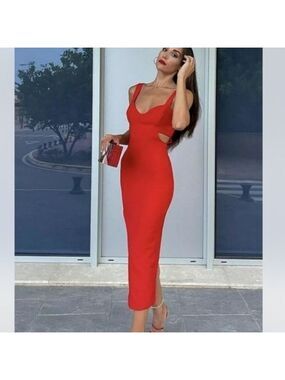 Red Cutout Bodycon Midi Dress - Women